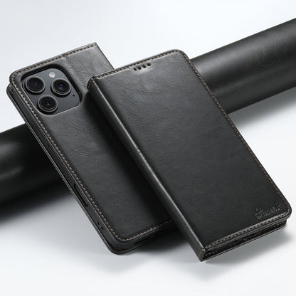 Pour iPhone 16 Pro Étui portefeuille en cuir huilé Suteni J02 (Noir)
