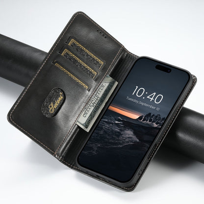 Pour iPhone 16 Pro Étui portefeuille en cuir huilé Suteni J02 (Noir)