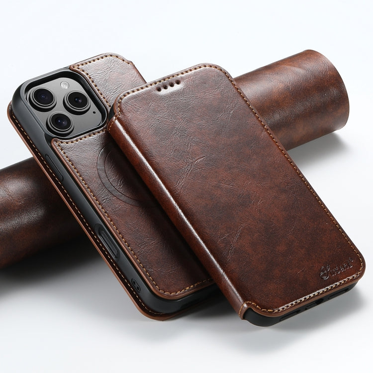 Coque de téléphone MagSafe magnétique en cuir Suteni J05 pour iPhone 16 Pro Max (kaki)