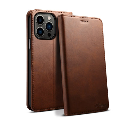 For iPhone 16 Pro Suteni Calf Texture Horizontal Flip Leather Phone Case(Brown)
