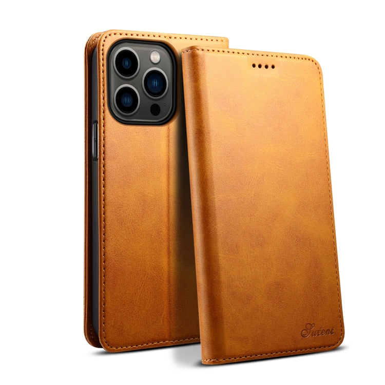 For iPhone 16 Pro Suteni Calf Texture Horizontal Flip Leather Phone Case(Khaki)