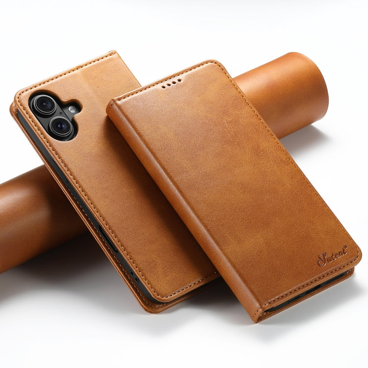 Pour iPhone 16 Plus Étui de téléphone en cuir à rabat horizontal texture veau Suteni (kaki)