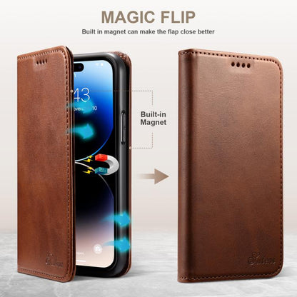 For iPhone 17e / 16e Suteni Calf Texture Horizontal Flip Leather Phone Case(Brown)