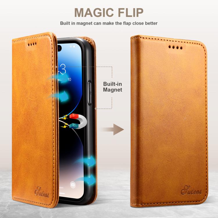 For iPhone 17e / 16e Suteni Calf Texture Horizontal Flip Leather Phone Case(Khaki)