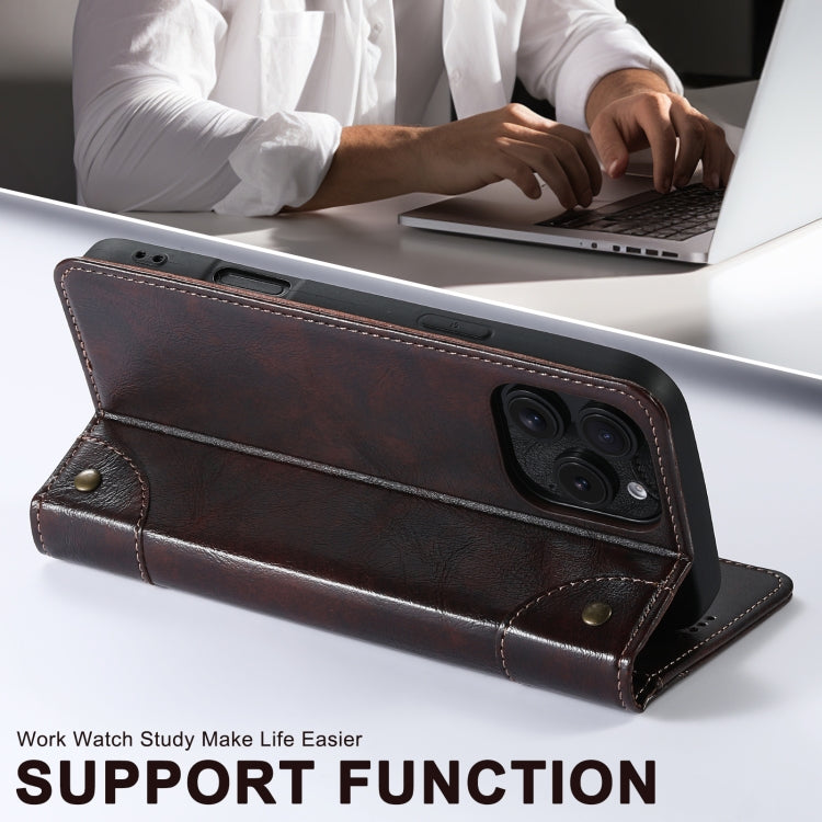 For iPhone 16 Suteni Baroque Calf Texture Buckle Wallet Leather Phone Case(Brown)
