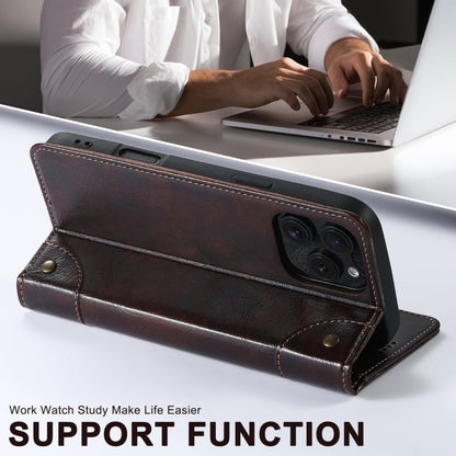 For iPhone 16 Suteni Baroque Calf Texture Buckle Wallet Leather Phone Case(Brown)