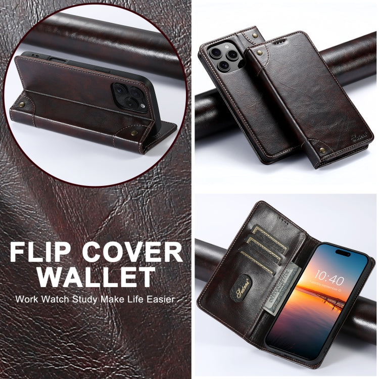 For iPhone 16 Suteni Baroque Calf Texture Buckle Wallet Leather Phone Case(Brown)