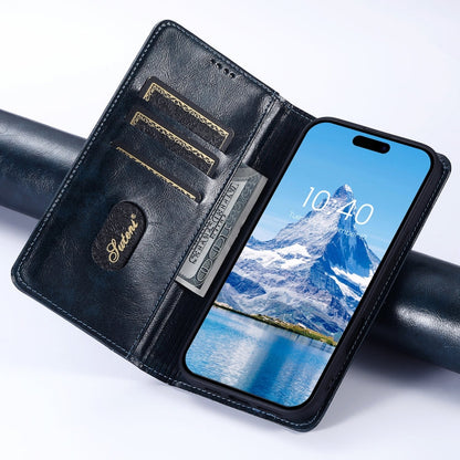 For iPhone 16 Pro Suteni Baroque Calf Texture Buckle Wallet Leather Phone Case(Blue)