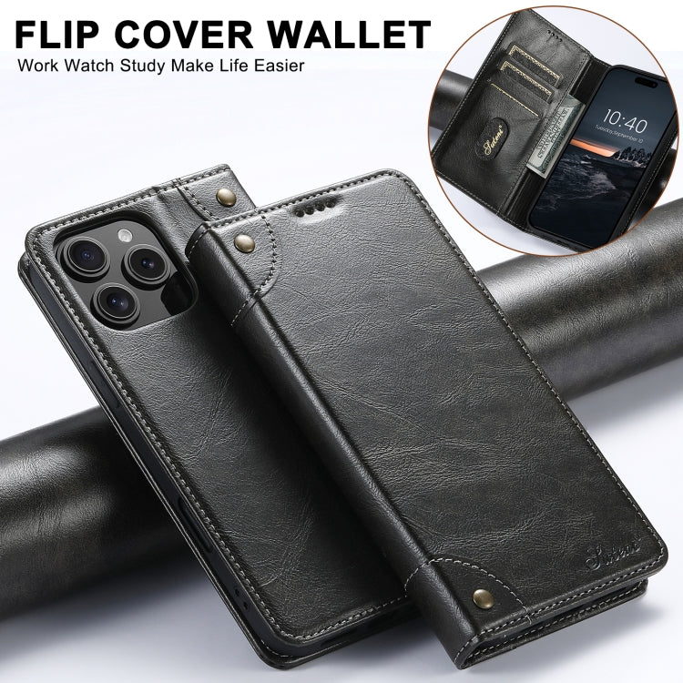 For iPhone 16 Plus Suteni Baroque Calf Texture Buckle Wallet Leather Phone Case(Black)