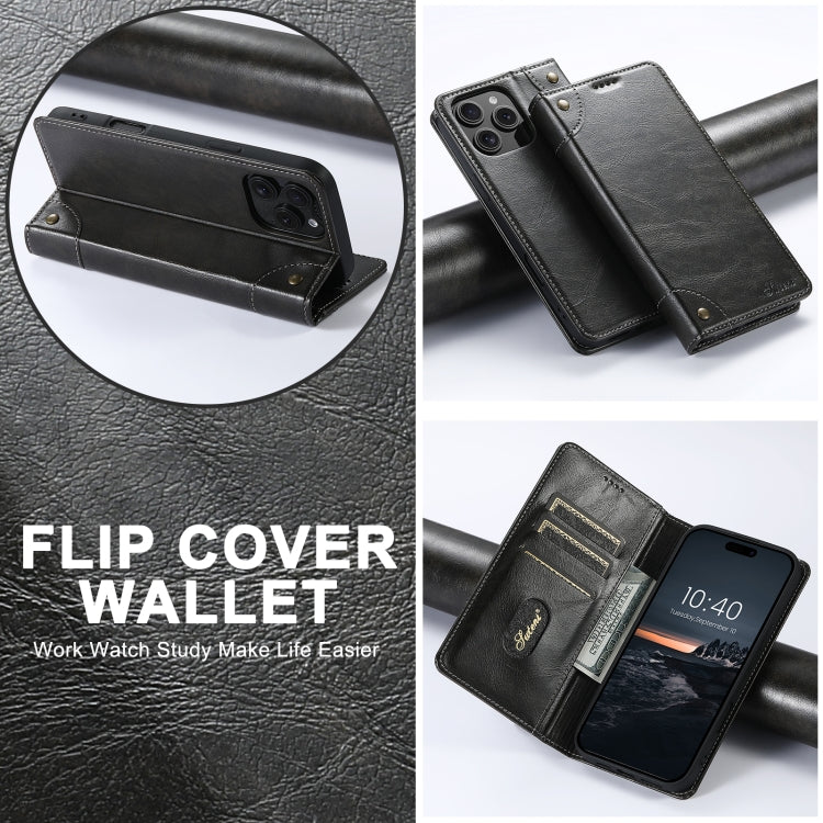 For iPhone 16 Plus Suteni Baroque Calf Texture Buckle Wallet Leather Phone Case(Black)