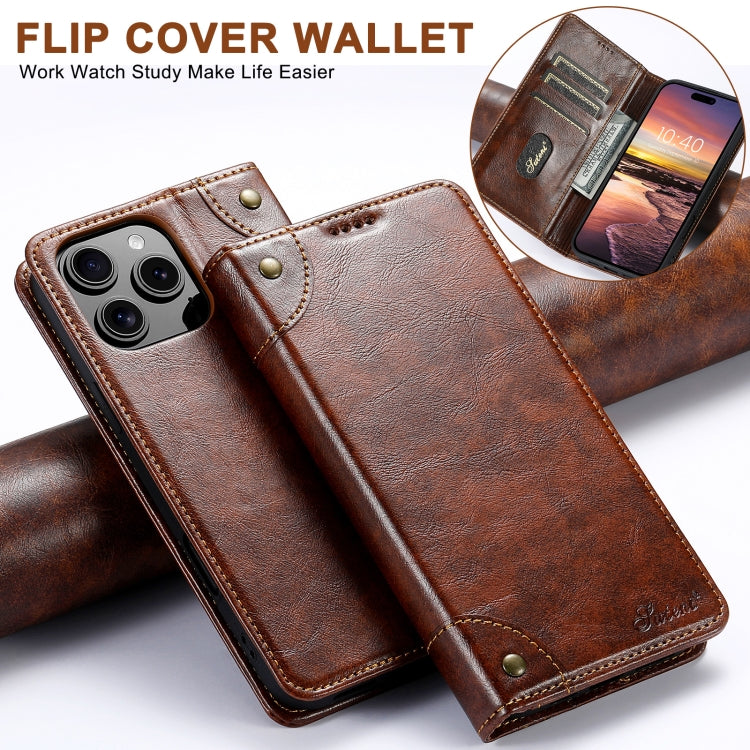 For iPhone 16 Plus Suteni Baroque Calf Texture Buckle Wallet Leather Phone Case(Khaki)