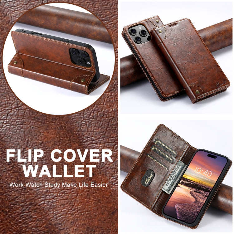 For iPhone 16 Plus Suteni Baroque Calf Texture Buckle Wallet Leather Phone Case(Khaki)