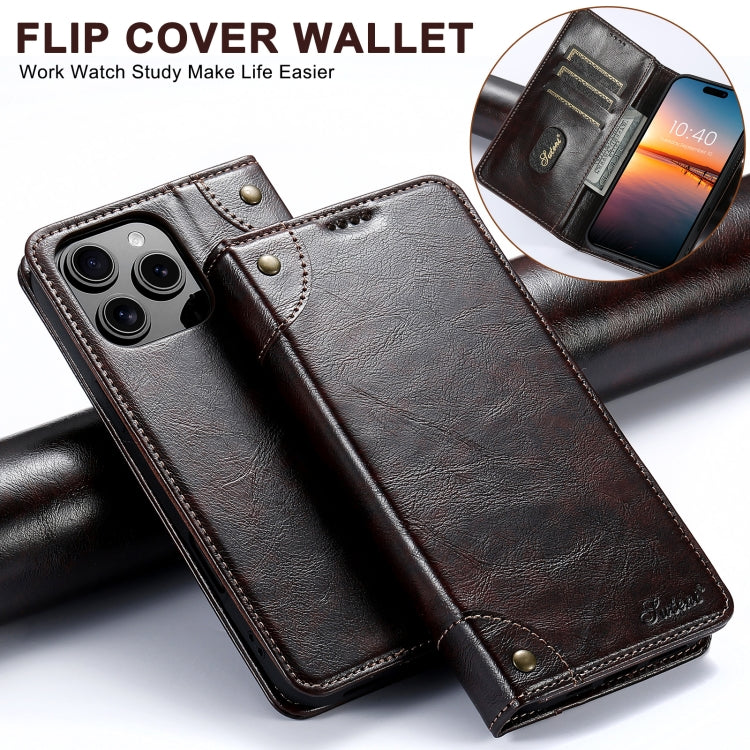 For iPhone 16 Pro Max Suteni Baroque Calf Texture Buckle Wallet Leather Phone Case(Brown)