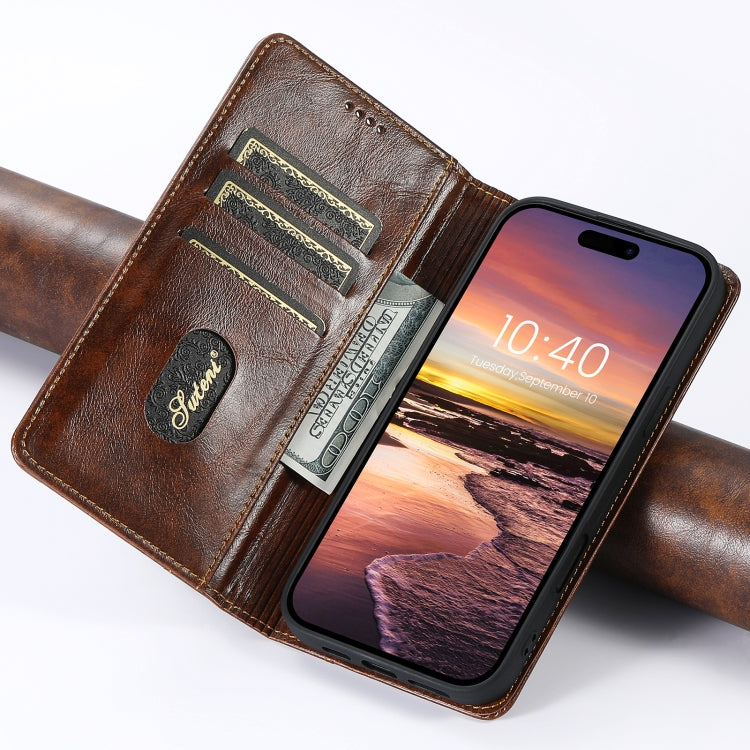 For iPhone 16 Pro Max Suteni Baroque Calf Texture Buckle Wallet Leather Phone Case(Khaki)