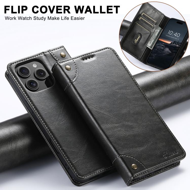 For iPhone 17e / 16e Suteni Baroque Calf Texture Buckle Wallet Leather Phone Case(Black)
