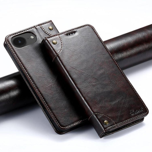 For iPhone 17e / 16e Suteni Baroque Calf Texture Buckle Wallet Leather Phone Case(Brown)