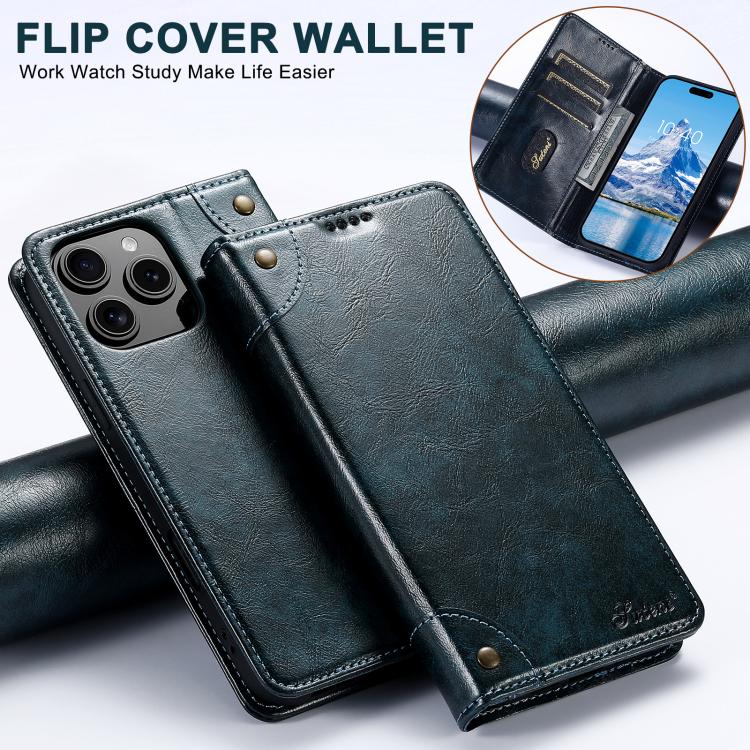 Pour iPhone 17e / 16e Étui portefeuille en cuir Suteni texture veau baroque avec boucle (Bleu)