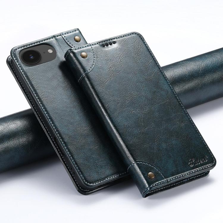 Pour iPhone 17e / 16e Étui portefeuille en cuir Suteni texture veau baroque avec boucle (Bleu)