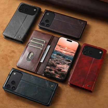 For iPhone 16 Suteni Baroque Calf Texture Buckle Wallet Leather Phone Case(Brown)