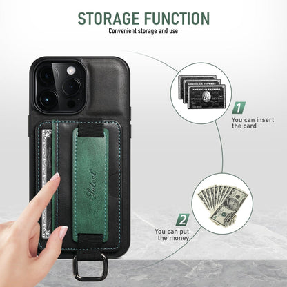 For iPhone 16 Suteni H13 Card Wallet Wrist Strap Holder PU Phone Case(Black)