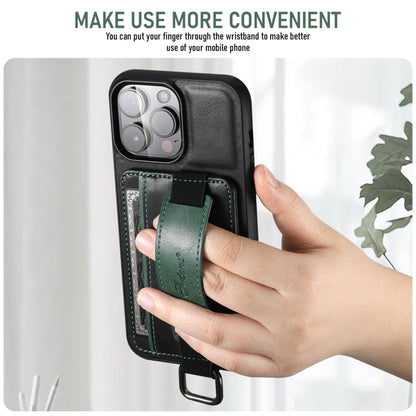 For iPhone 16 Suteni H13 Card Wallet Wrist Strap Holder PU Phone Case(Black)