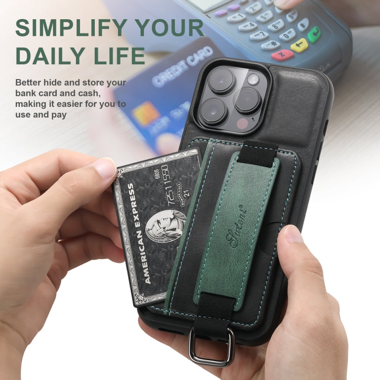 For iPhone 16 Suteni H13 Card Wallet Wrist Strap Holder PU Phone Case(Black)
