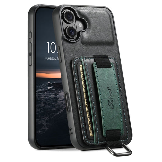 For iPhone 16 Suteni H13 Card Wallet Wrist Strap Holder PU Phone Case(Black)