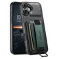 For iPhone 16 Suteni H13 Card Wallet Wrist Strap Holder PU Phone Case(Black)