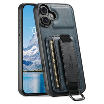 Pour iPhone 16 Suteni H13 Étui de téléphone en PU avec porte-cartes et dragonne (Bleu)