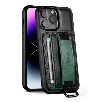 Pour iPhone 16 Pro Étui de téléphone en PU Suteni H13 avec porte-cartes et dragonne (noir)