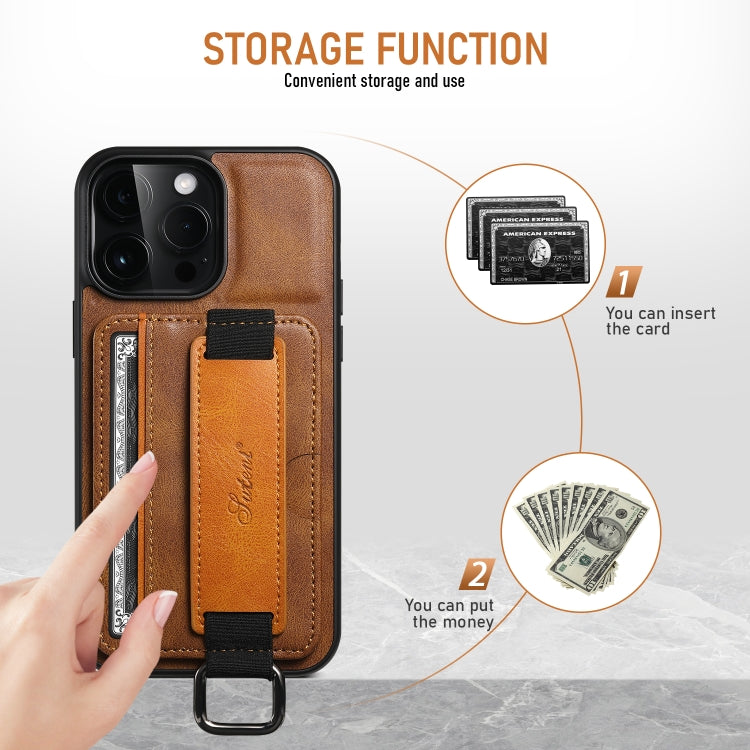 For iPhone 16 Pro Suteni H13 Card Wallet Wrist Strap Holder PU Phone Case(Brown)