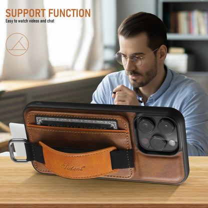 For iPhone 16 Pro Suteni H13 Card Wallet Wrist Strap Holder PU Phone Case(Brown)