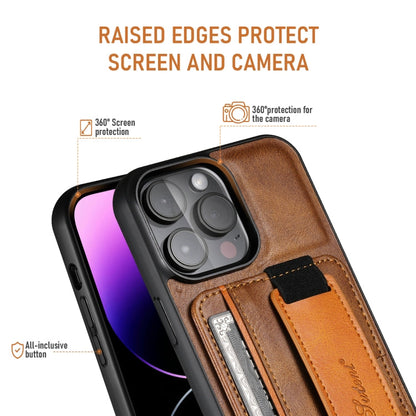 For iPhone 16 Pro Suteni H13 Card Wallet Wrist Strap Holder PU Phone Case(Brown)