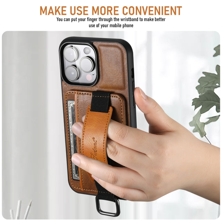 For iPhone 16 Pro Suteni H13 Card Wallet Wrist Strap Holder PU Phone Case(Brown)
