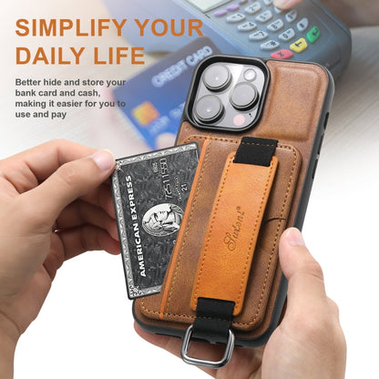 For iPhone 16 Pro Suteni H13 Card Wallet Wrist Strap Holder PU Phone Case(Brown)