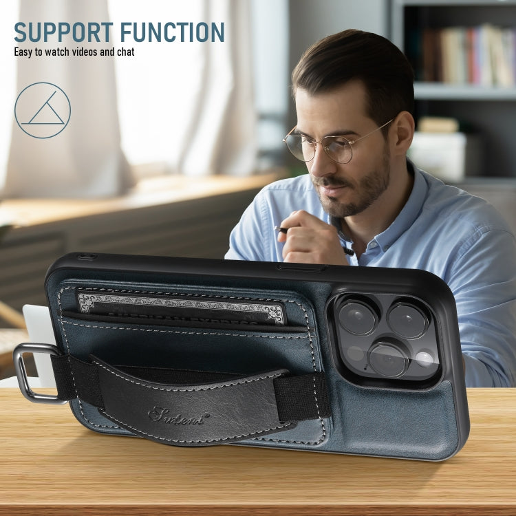 For iPhone 16 Pro Suteni H13 Card Wallet Wrist Strap Holder PU Phone Case(Blue)