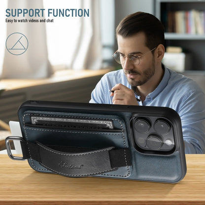 For iPhone 16 Pro Suteni H13 Card Wallet Wrist Strap Holder PU Phone Case(Blue)