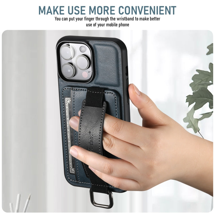 For iPhone 16 Pro Suteni H13 Card Wallet Wrist Strap Holder PU Phone Case(Blue)