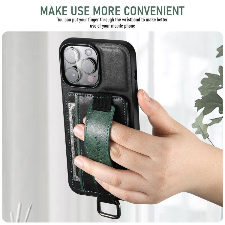 For iPhone 16 Plus Suteni H13 Card Wallet Wrist Strap Holder PU Phone Case(Black)