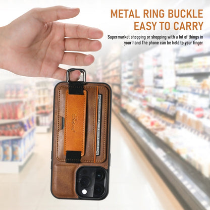 For iPhone 16 Plus Suteni H13 Card Wallet Wrist Strap Holder PU Phone Case(Brown)