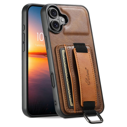 For iPhone 16 Plus Suteni H13 Card Wallet Wrist Strap Holder PU Phone Case(Brown)