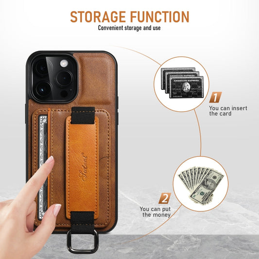 For iPhone 16 Pro Max Suteni H13 Card Wallet Wrist Strap Holder PU Phone Case(Brown)