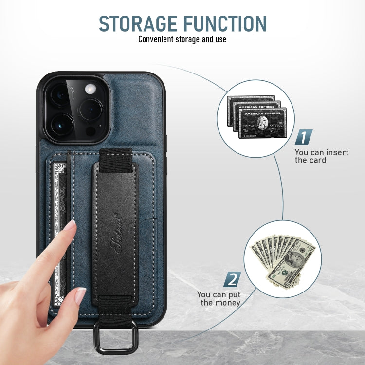 For iPhone 16 Pro Max Suteni H13 Card Wallet Wrist Strap Holder PU Phone Case(Blue)