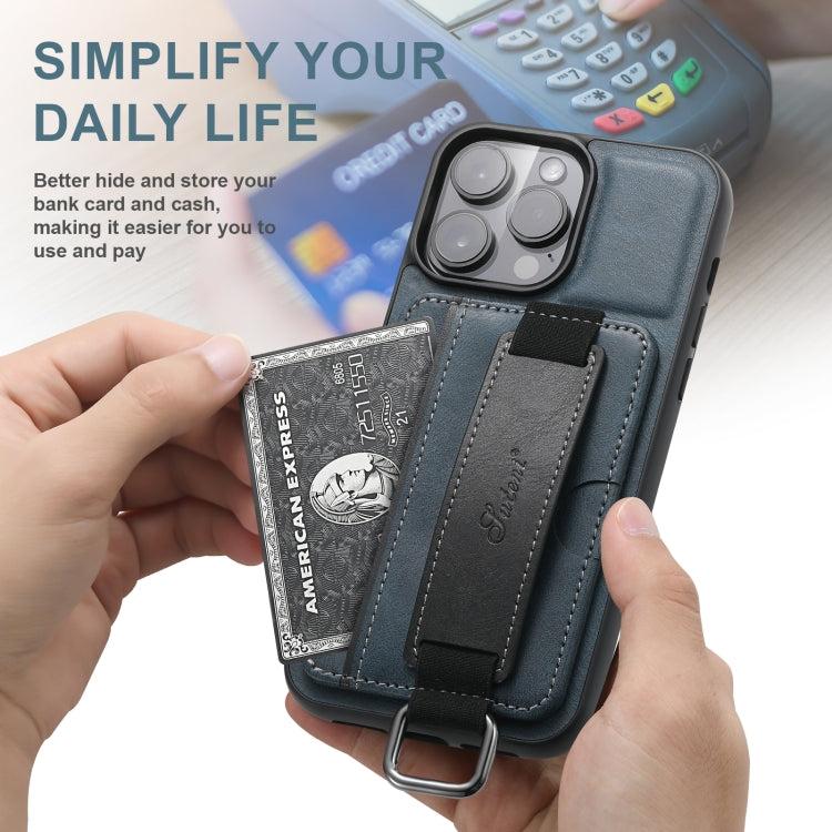 For iPhone 16 Pro Max Suteni H13 Card Wallet Wrist Strap Holder PU Phone Case(Blue)