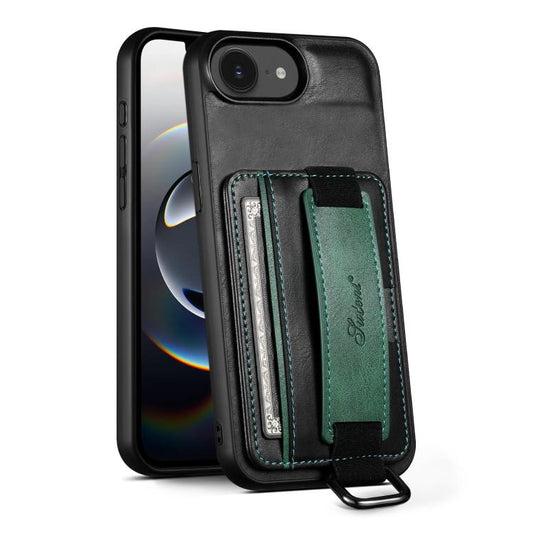 For iPhone 17e / 16e Suteni H13 Card Wallet Wrist Strap Holder PU Phone Case(Black)