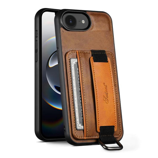 For iPhone 17e / 16e Suteni H13 Card Wallet Wrist Strap Holder PU Phone Case(Brown)