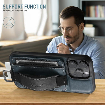 For iPhone 17e / 16e Suteni H13 Card Wallet Wrist Strap Holder PU Phone Case(Blue)