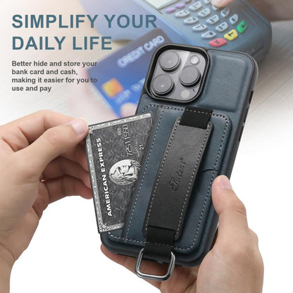 For iPhone 17e / 16e Suteni H13 Card Wallet Wrist Strap Holder PU Phone Case(Blue)