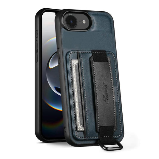 For iPhone 17e / 16e Suteni H13 Card Wallet Wrist Strap Holder PU Phone Case(Blue)