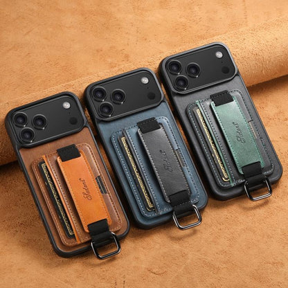 For iPhone 16 Pro Suteni H13 Card Wallet Wrist Strap Holder PU Phone Case(Blue)